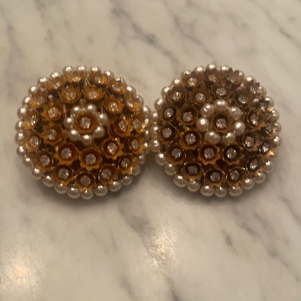 Miriam Haskell Vintage Oversized Pearl Floral Clip On Earring